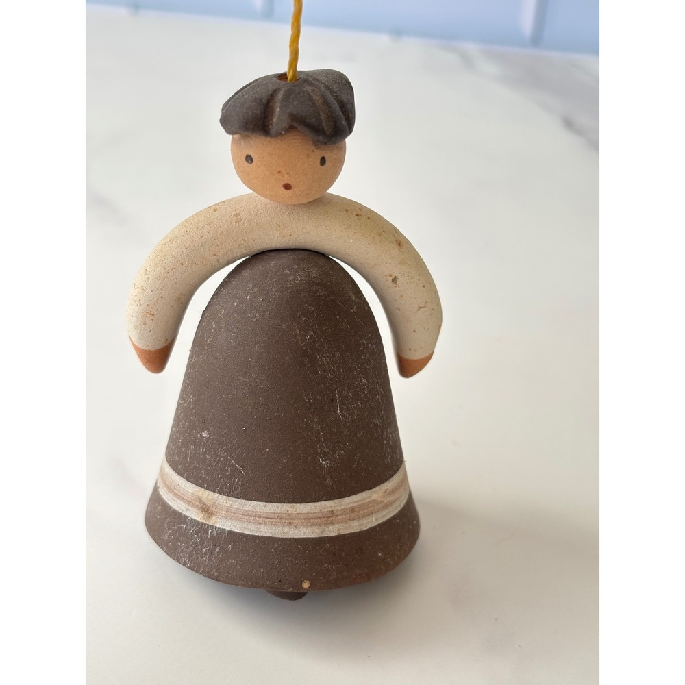 Handmade Clay Bell Ornament Folk Art Girl Figure Brown White Ceramic 3.5 Inch